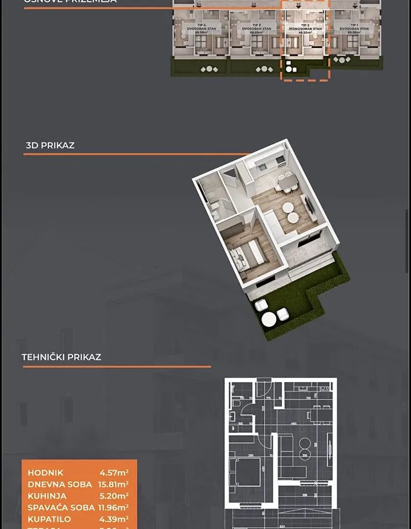 Prodaja, jednosoban stan, 47m², Gornja Gorica, Podgorica