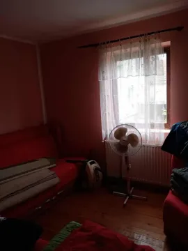 Dnevna soba sa crvenim kaučem, prozorom i ventilatorom. - image 13