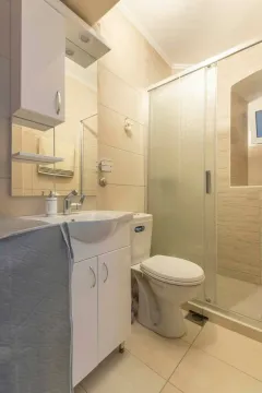 Compactly designed bathroom with a shower cabin, sink, and toilet. - image 13