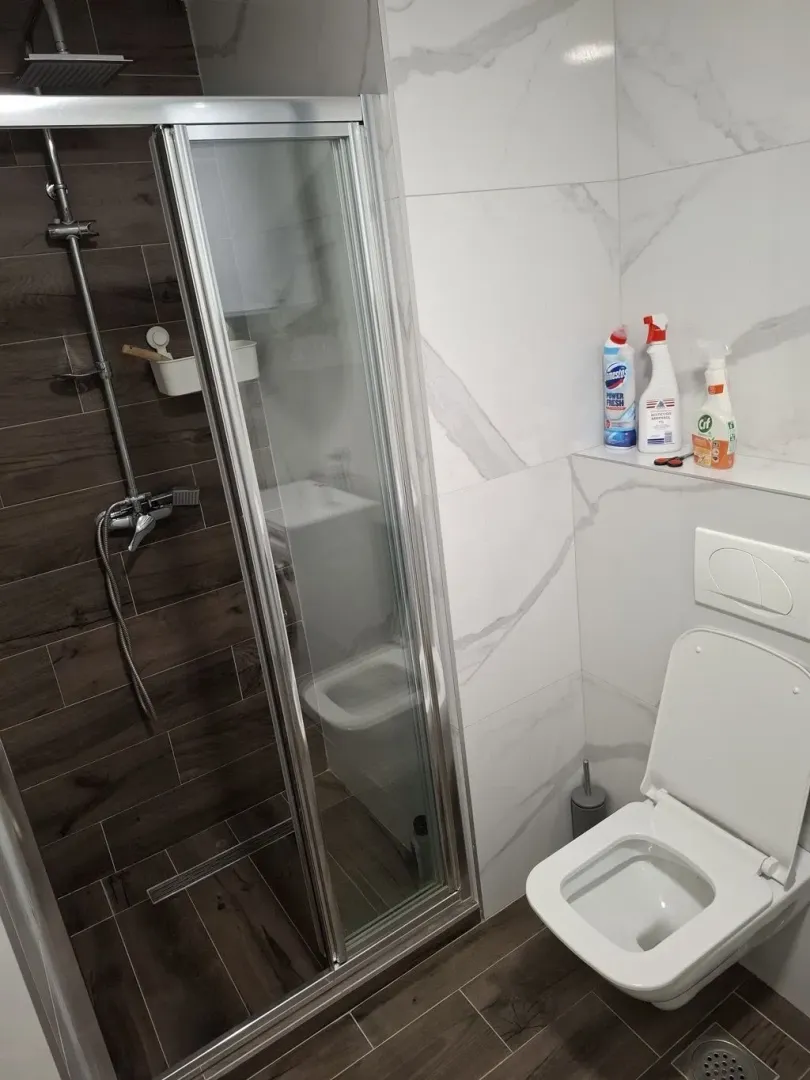 Modern bathroom with a shower cabin and a toilet.
