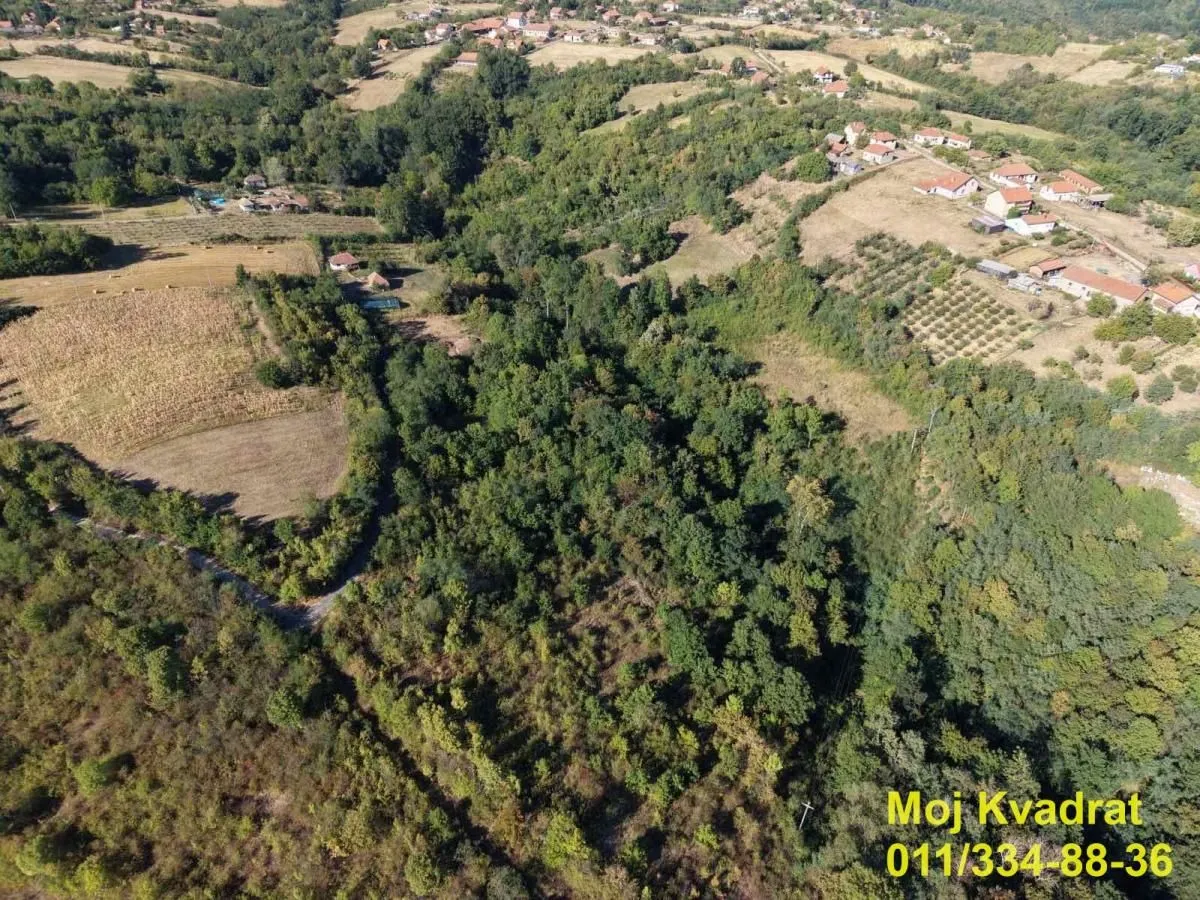 Pogled iz vazduha na šumovito zemljište i okolno seosko područje.