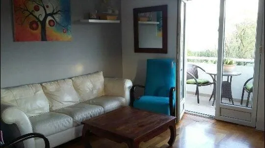 Living room with a leather sofa and access to a furnished balcony.