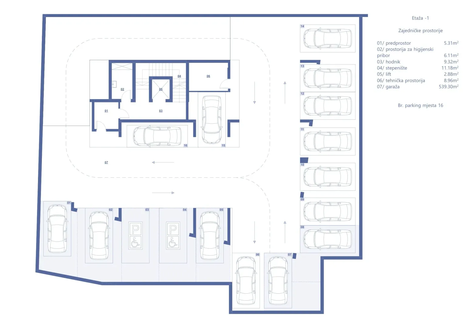 Architectural floor plan of the underground level showing parking spaces and common areas.