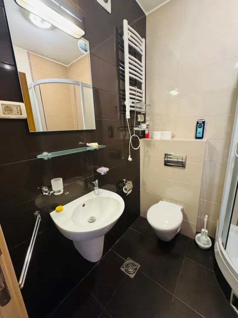 Compact bathroom with a sink, toilet, and shower cabin.