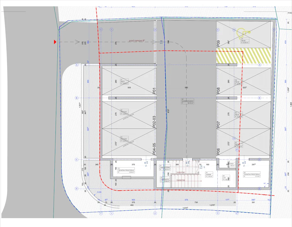 Katastarski plan parcele sa prikazanim parking mjestima.