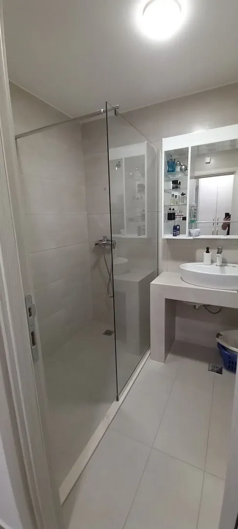 Bright bathroom with a walk-in shower and a modern sink.