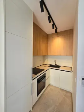 Small modern kitchen with built-in cabinetry and appliances. - image 9