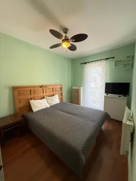 Bedroom with a double bed, wooden floor and access to the terrace. - image 9