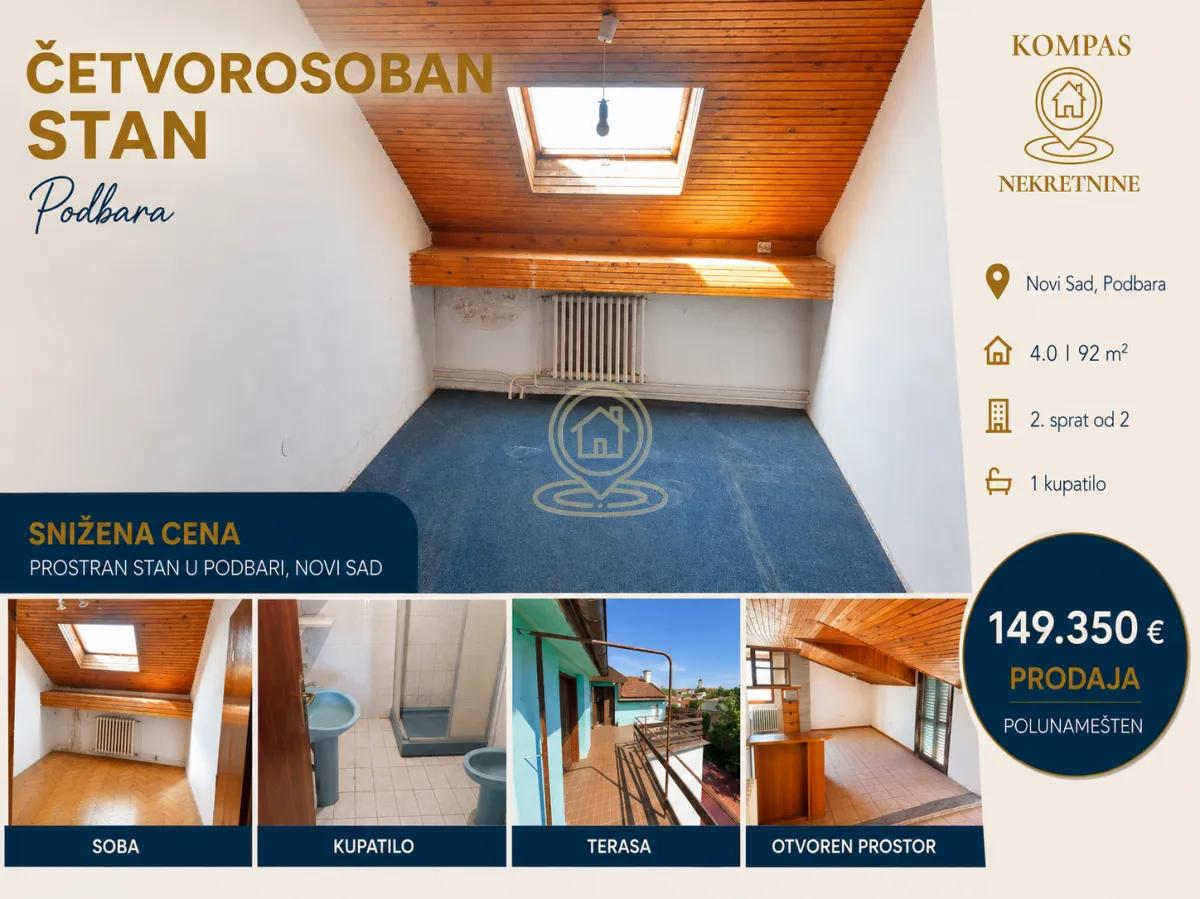Prodaja, četvorosoban stan, 92m², Podbara, Novi Sad Sve Podlokacije