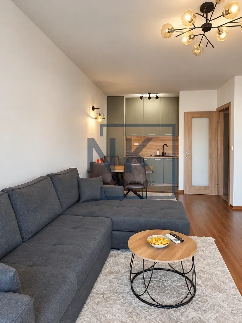 Living room with a sofa and coffee table, connected to the dining area and kitchen.