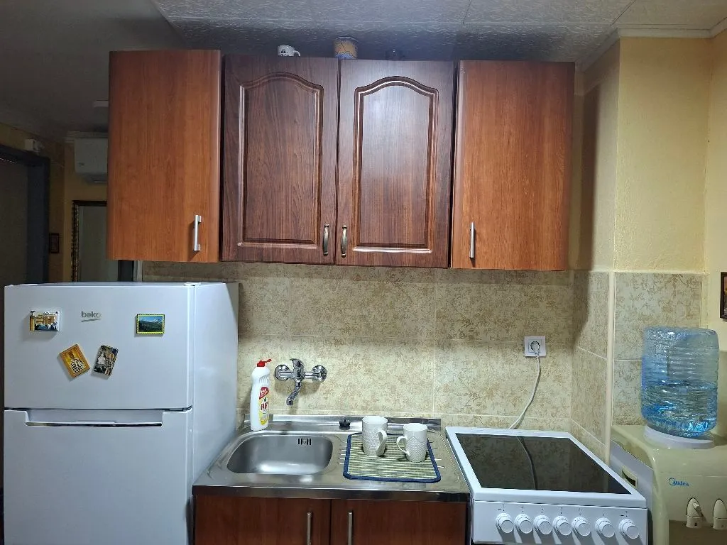 Smaller kitchen with wooden cabinets, a sink, a stove, and a refrigerator.