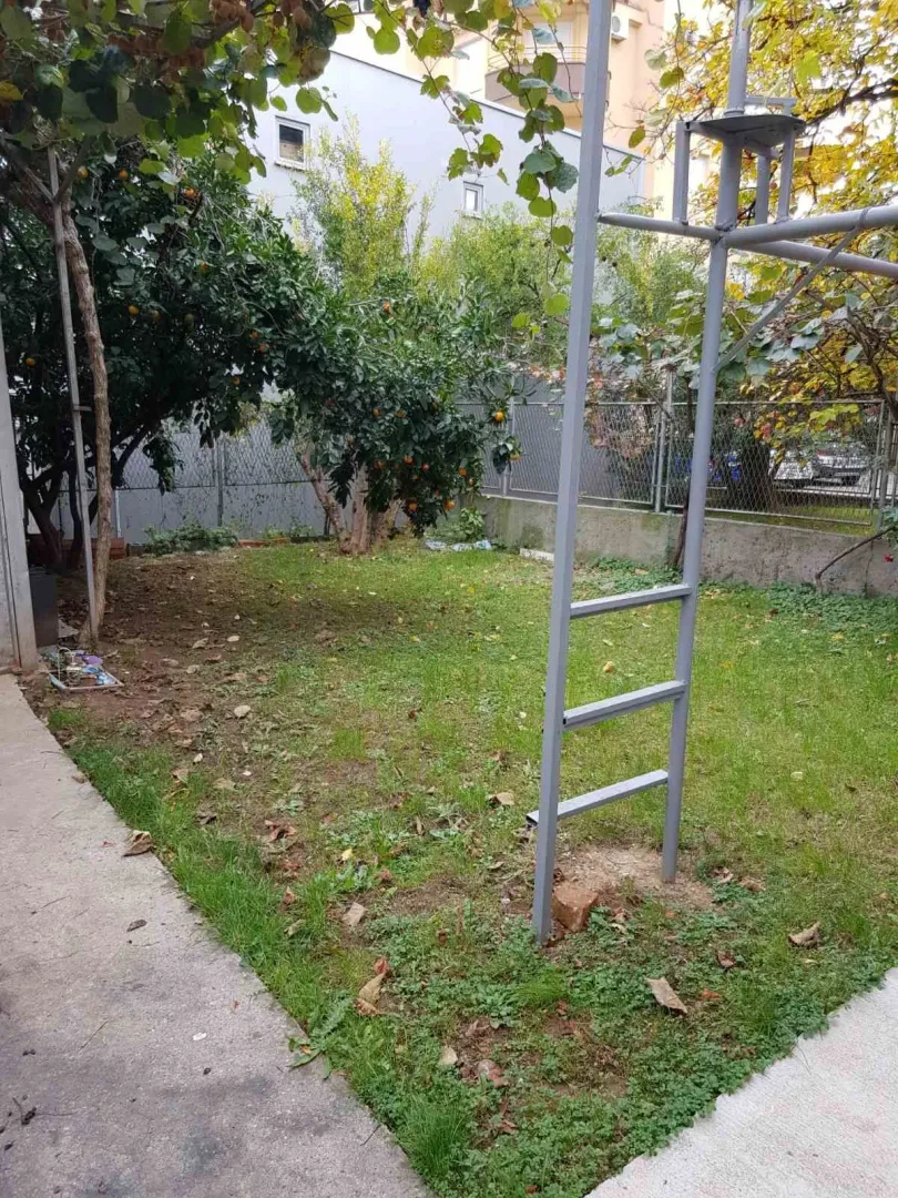 Travnate dvorište sa voćnjakom i metalnom konstrukcijom.