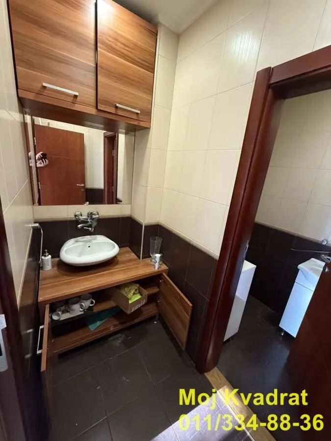 Bathroom with a washbasin, wooden cabinet, and mirror.