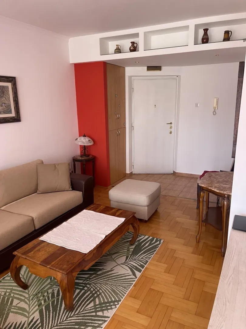 Bright living room featuring a sofa, wooden coffee table, and parquet flooring.