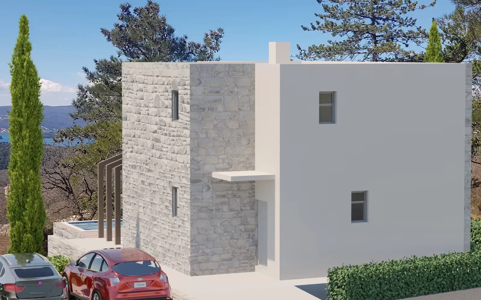 Spoljašnji izgled moderne kuće sa kamenom fasadom i dvorištem.