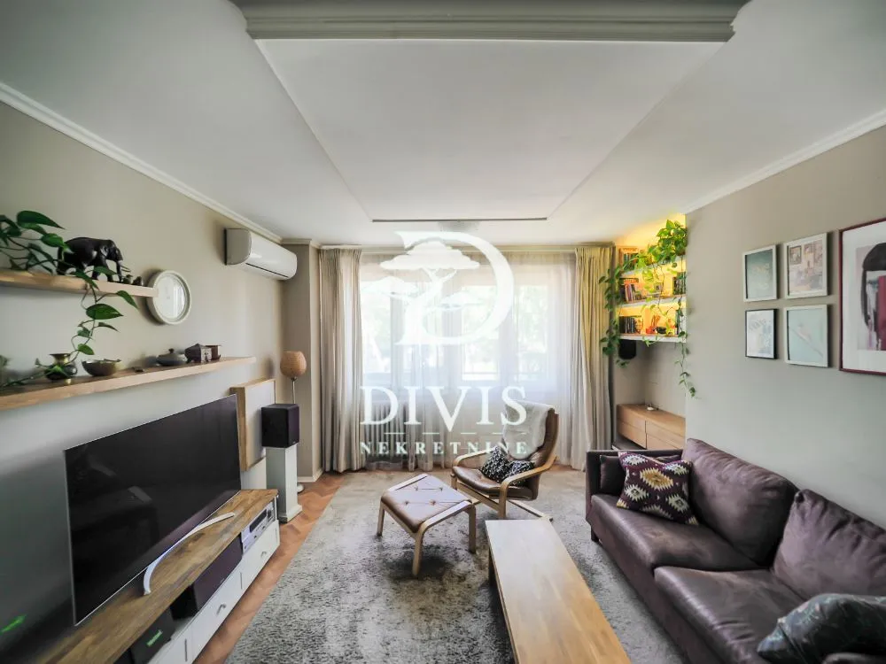 Comfortable living room with a sofa, TV, and shelves with decorative plants.