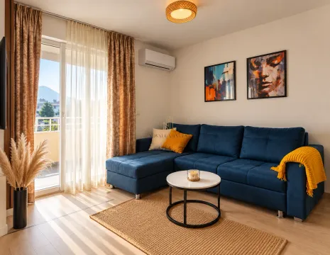 Living room with a blue sectional sofa, coffee table, and access to the balcony. - image 2