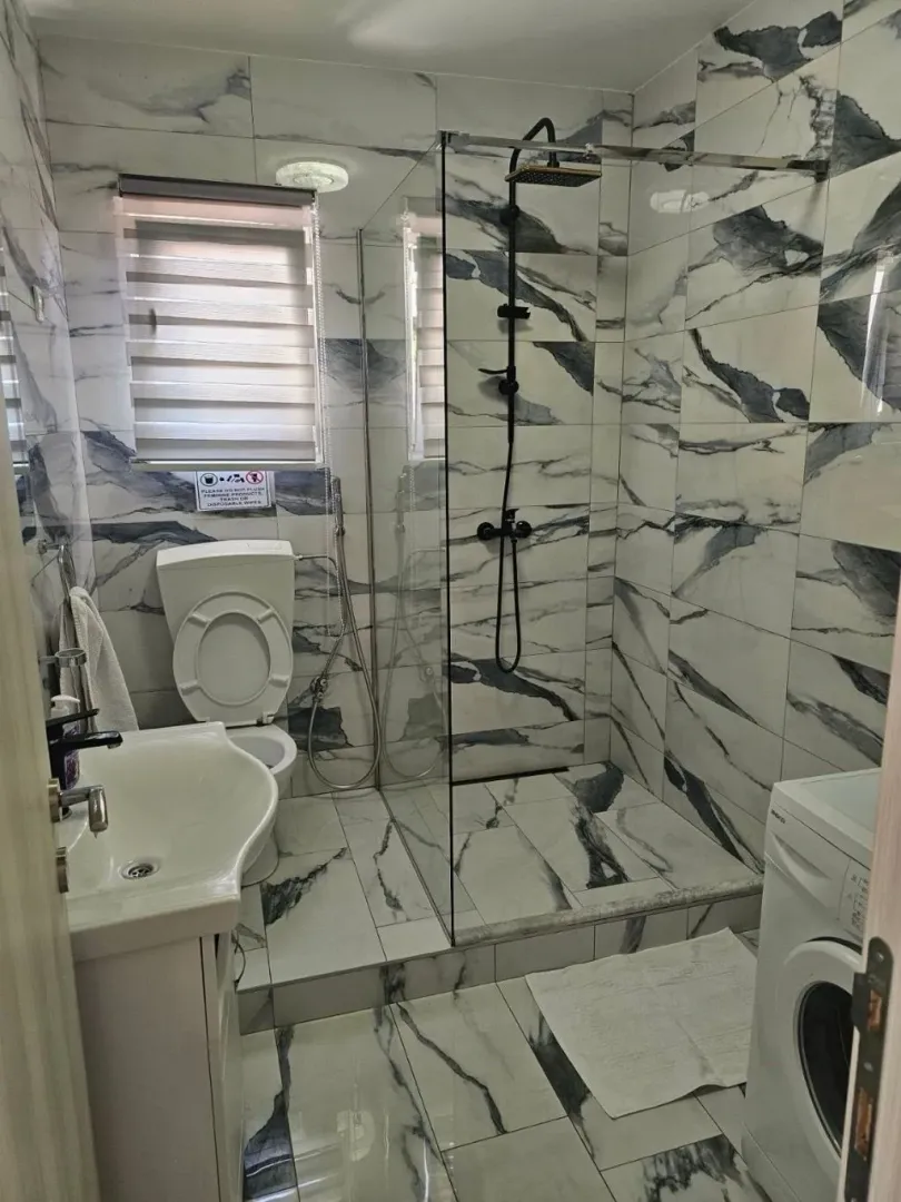 Modern bathroom with a walk-in shower, washbasin, and toilet.