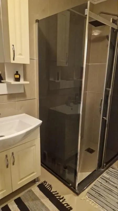 Bathroom equipped with a washbasin and a glass-door shower cabin.