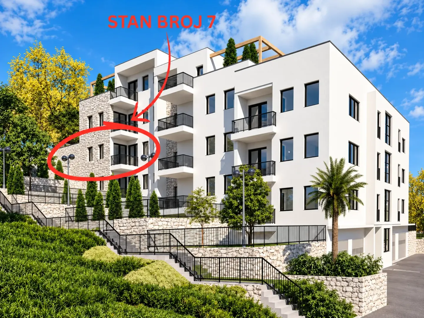 Spoljašnji izgled moderne stambene zgrade sa označenim stanom i uređenim dvorištem.