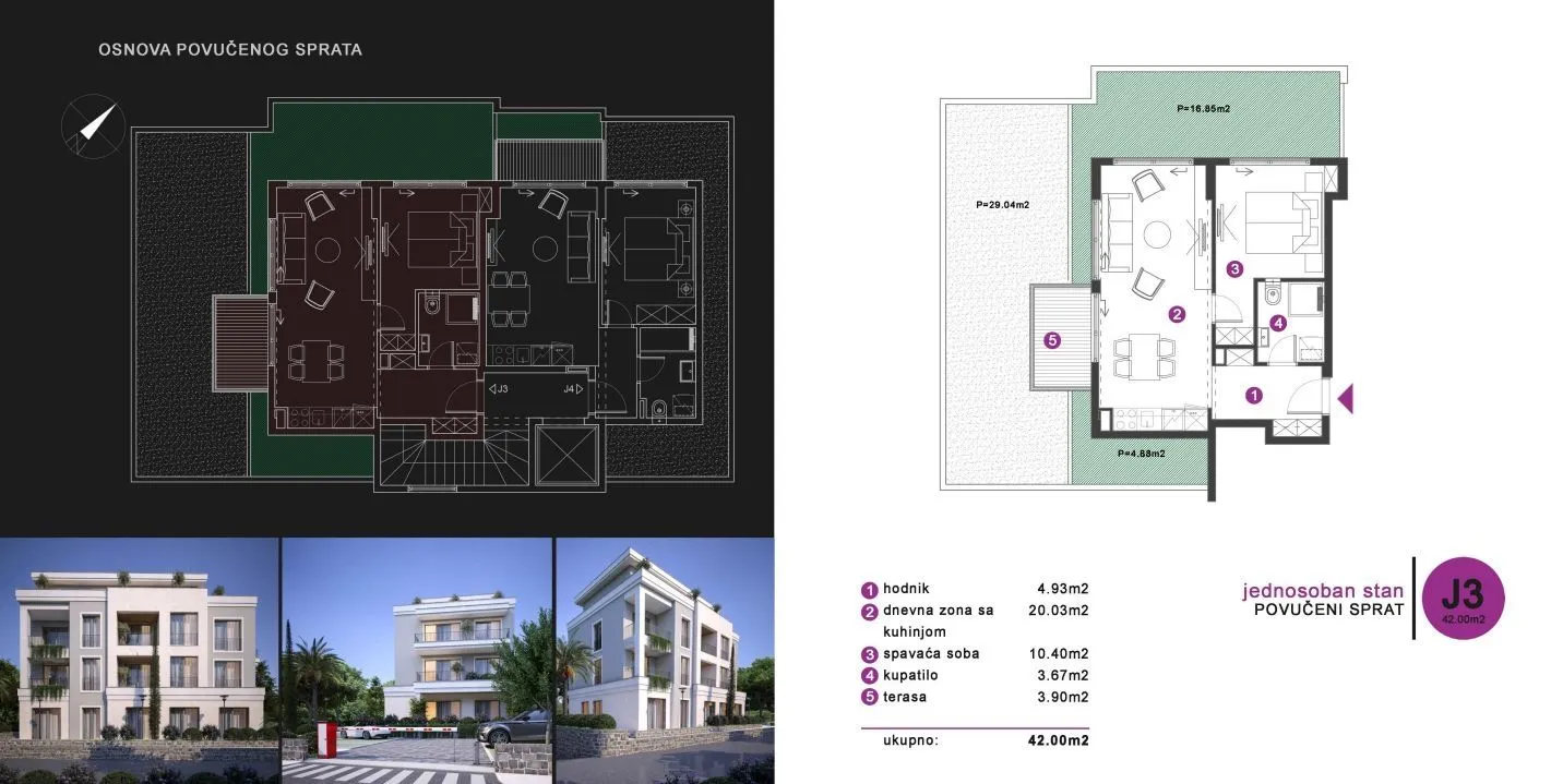 Prikaz osnove jednosobnog stana sa 3D vizuelizacijama eksterijera zgrade.