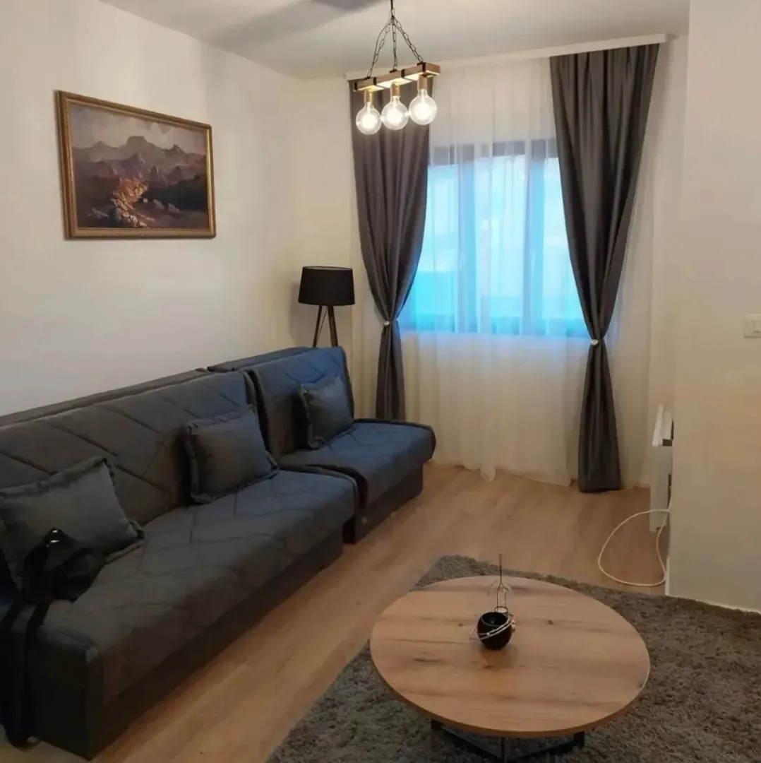 Dnevna soba sa sivom sofom, drvenim stočićem i prozorom sa zavesama.