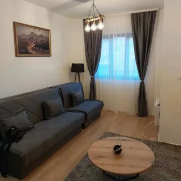 Dnevna soba sa sivom sofom, drvenim stočićem i prozorom sa zavesama. - image 3