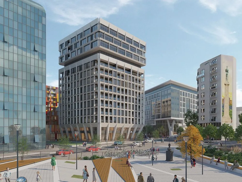 Prikaz eksterijera moderne poslovno-stambene zgrade i okolnog trga.