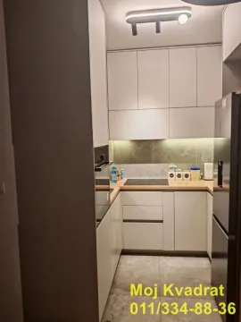 Manja moderna kuhinja sa ugradnim elementima i frižiderom. - image 4