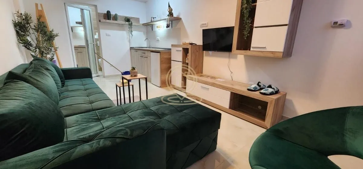 Dnevna soba sa zelenom ugaonom garniturom, televizorom i kuhinjom u pozadini.