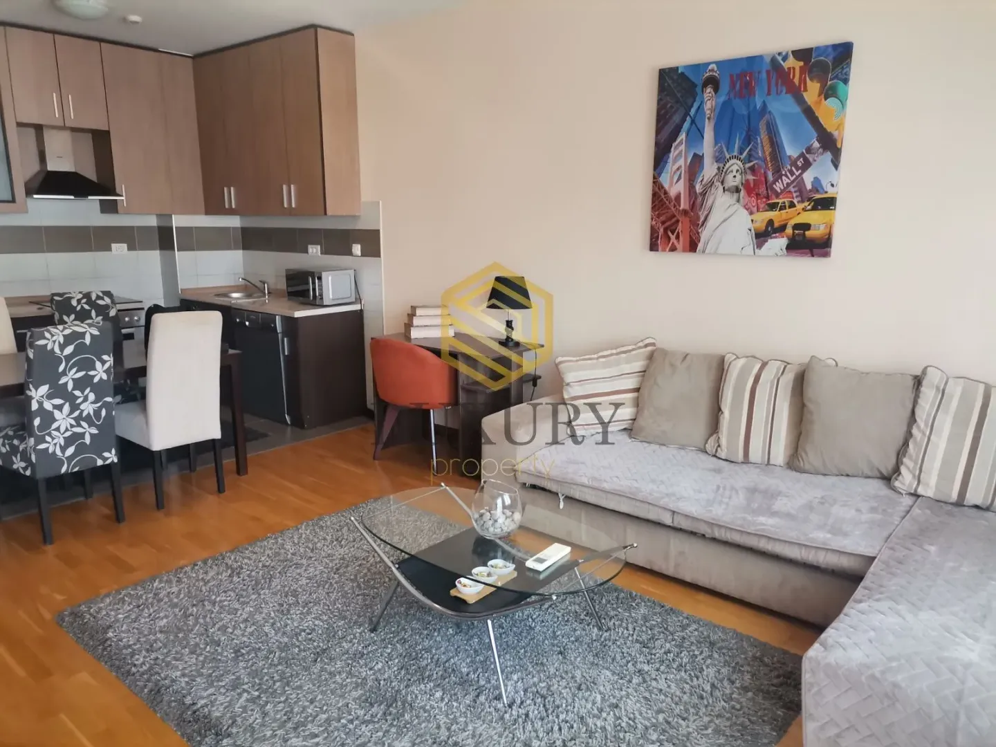 Living room connected with the dining area and kitchen.