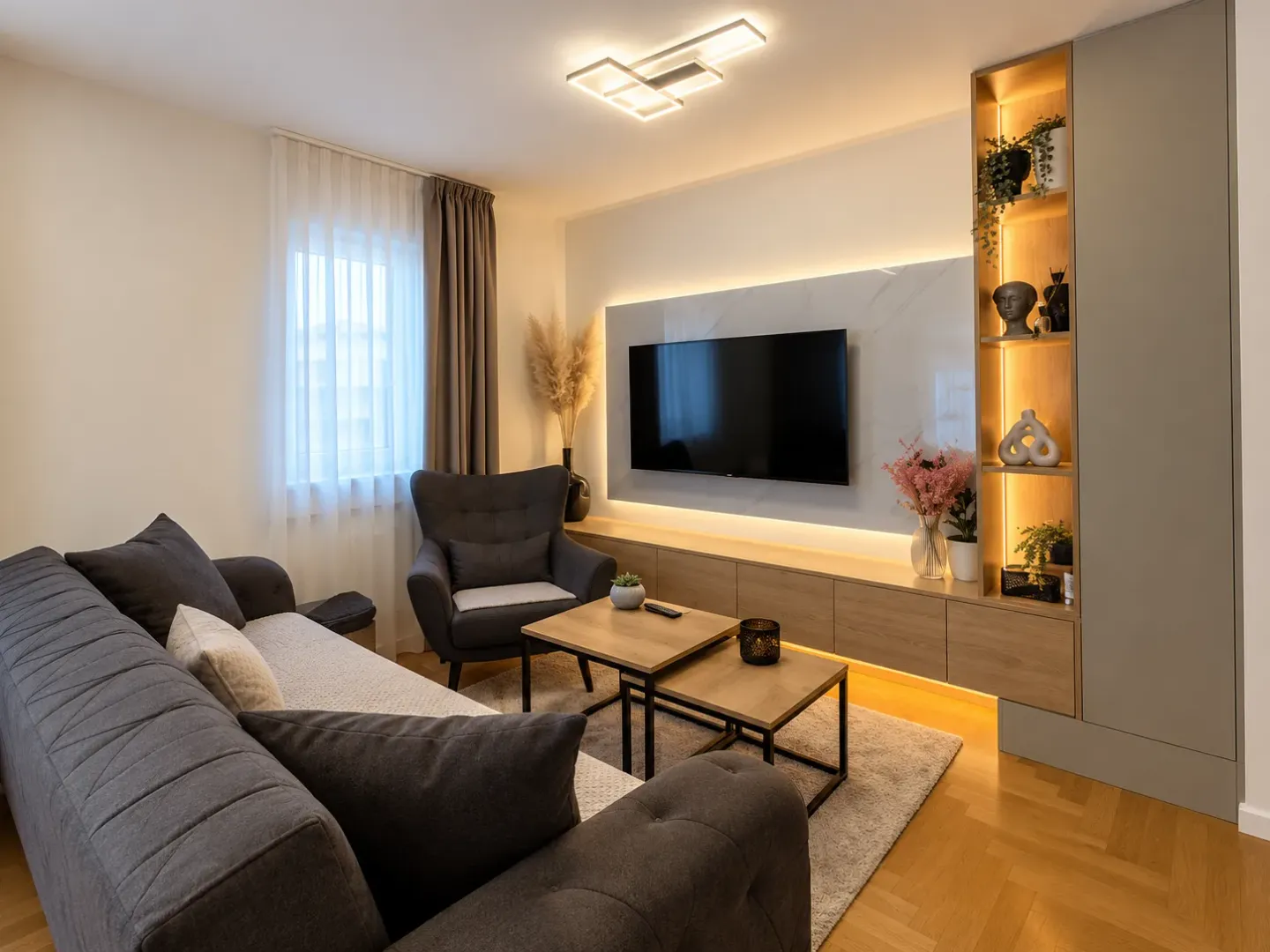 Modern living room with a sofa, TV, and built-in cabinetry.
