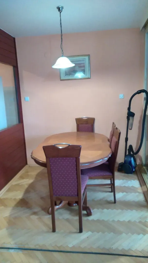 Dining room with a wooden table and chairs, and a vacuum cleaner visible in the corner.