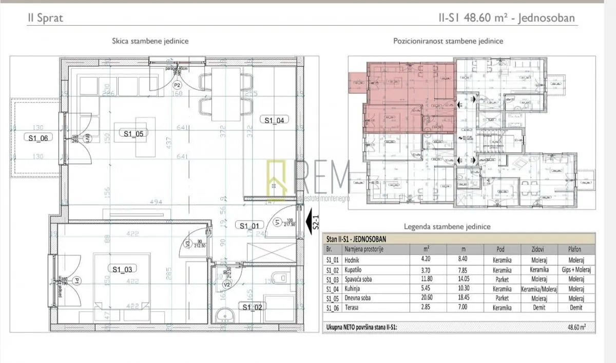 Prodaja, jednosoban stan, 48m², Tološi, Podgorica