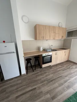 Small kitchen with wooden cabinetry, built-in oven, and refrigerator. - image 3