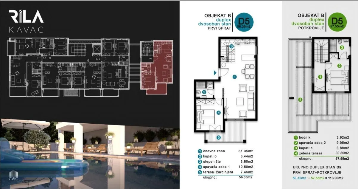 Tlocrt dvosobnog duplex stana sa pratećom 3D vizuelizacijom bazena.