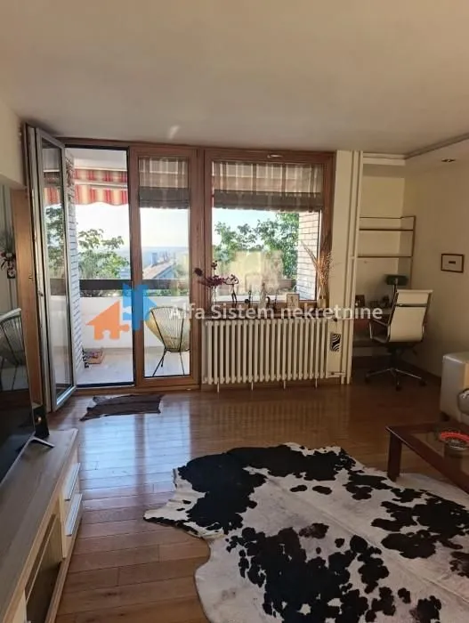Dnevna soba sa drvenim podom, radnim kutkom i izlazom na terasu.