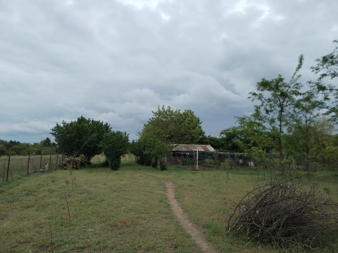 Pogled na dvorište i zelenu površinu sa pomoćnim objektom.