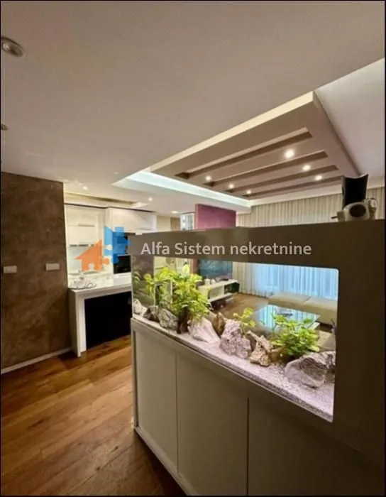 Dnevni boravak sa pregradnim akvarijumom i spuštenim plafonom sa rasvetom.