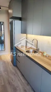 Modern kitchen with grey cabinets, wooden countertop and refrigerator. - image 9