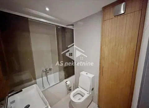 Modernly equipped bathroom with a bathtub, washbasin, toilet, and built-in wardrobe. - image 19