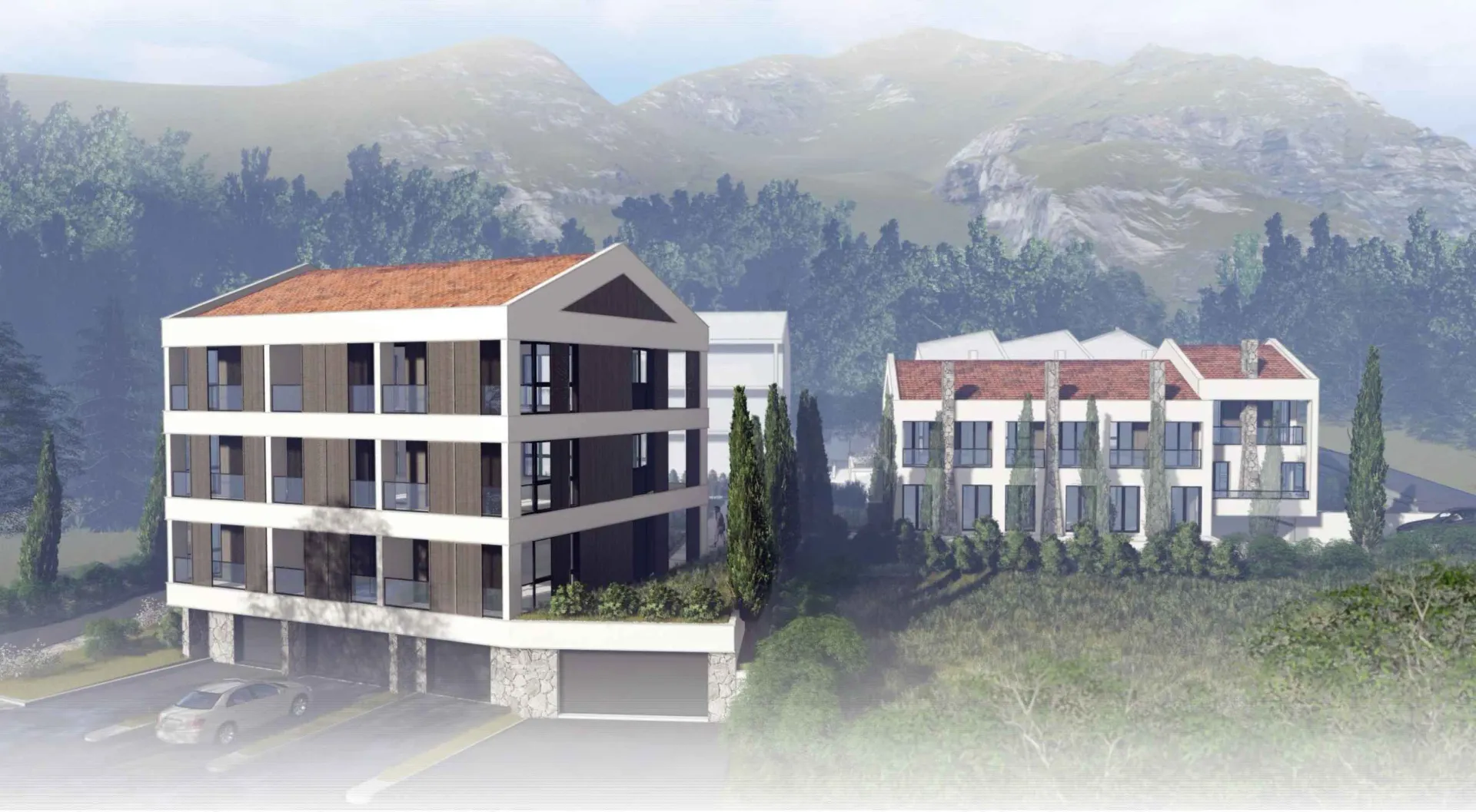 Spoljašnji izgled modernih stambenih zgrada sa planinskim pejzažom u pozadini.