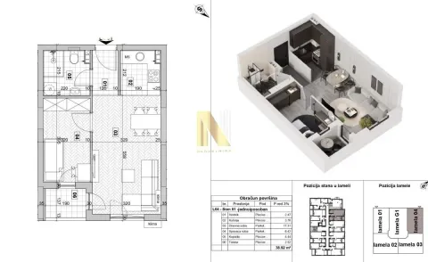Osnova stana sa rasporedom prostorija i 3D prikazom nameštaja. - image 16