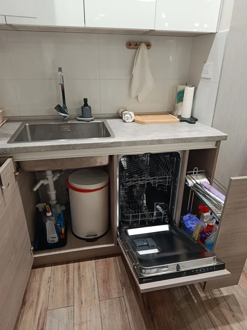 Kitchen sink and an open dishwasher.