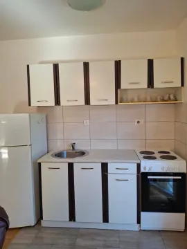 Manja kuhinja sa bijelim elementima, frižiderom i električnim šporetom. - image 6