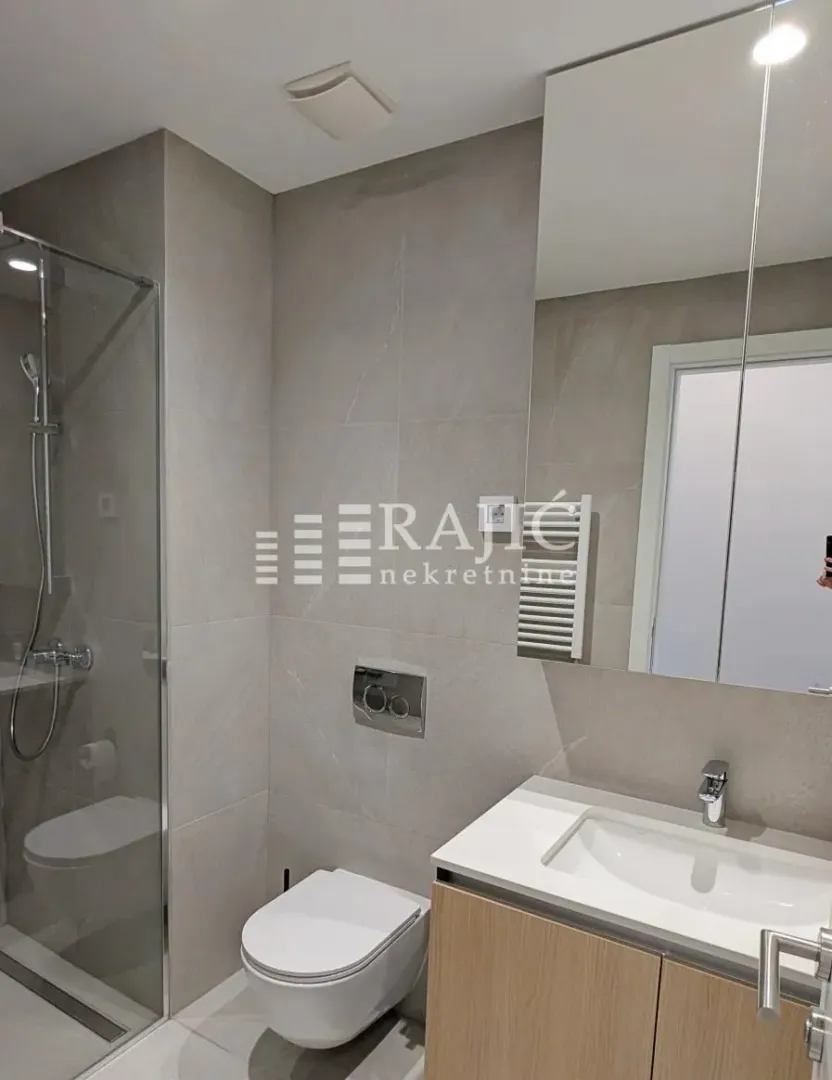 Modern bathroom with a walk-in shower, washbasin, and toilet.