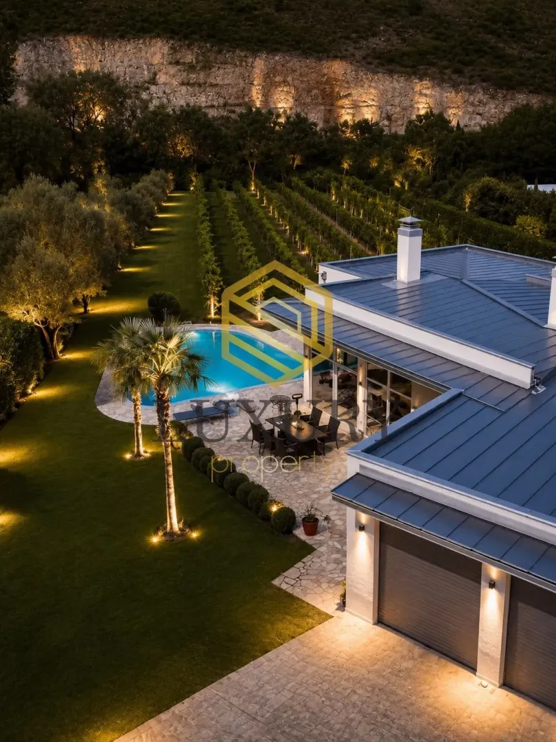 Aerial view of a modern house with a swimming pool and landscaped yard at night.