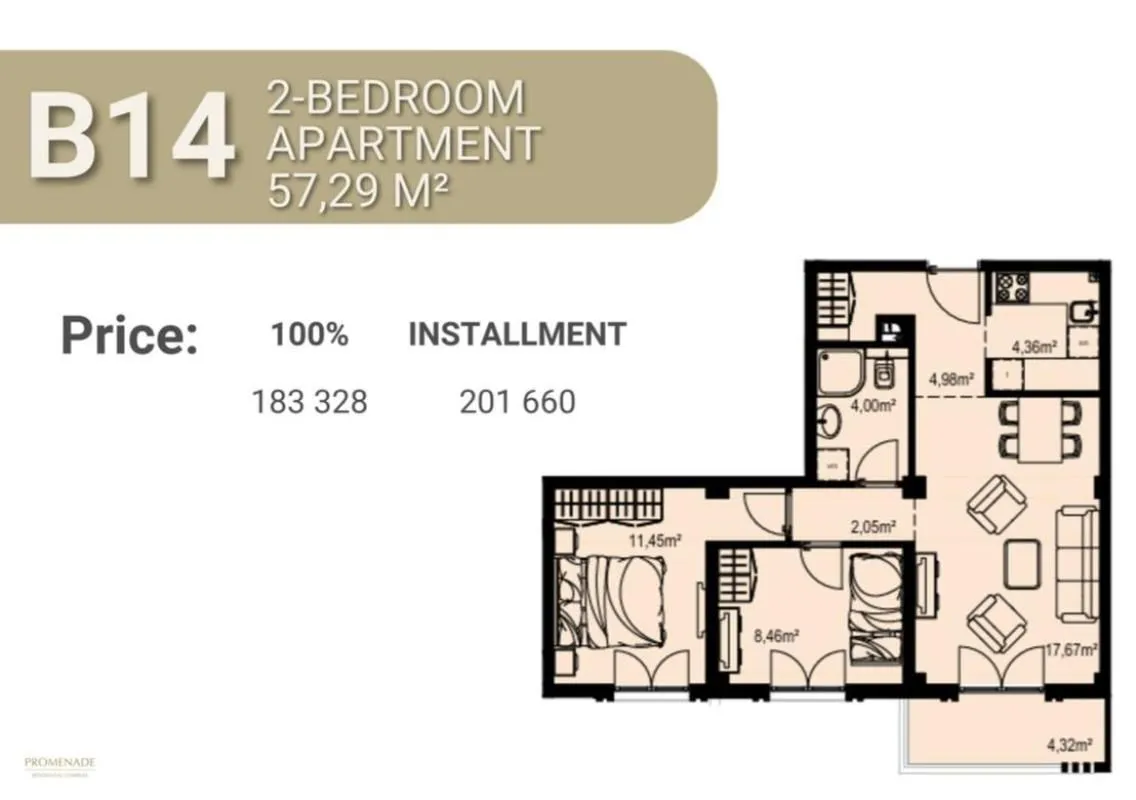 Sale, two bedroom apartment, 57m², Bečići, Budva