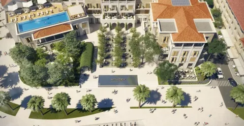Arhitektonski prikaz luksuznog kompleksa sa bazenom i šetalištem iz ptičje perspektive. - image 3