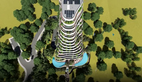 3D vizuelizacija moderne višespratnice sa bazenom, prikazana iz ptičije perspektive. - image 4